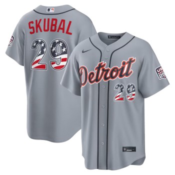 Men's Detroit Tigers #29 Tarik Skubal Nike Gray USA 250 Fourth of July Road Stadium Jersey Men's Detroit Tigers #29 Tarik Skubal Nike Gray USA 250 Fourth of July Road Stadium Jersey