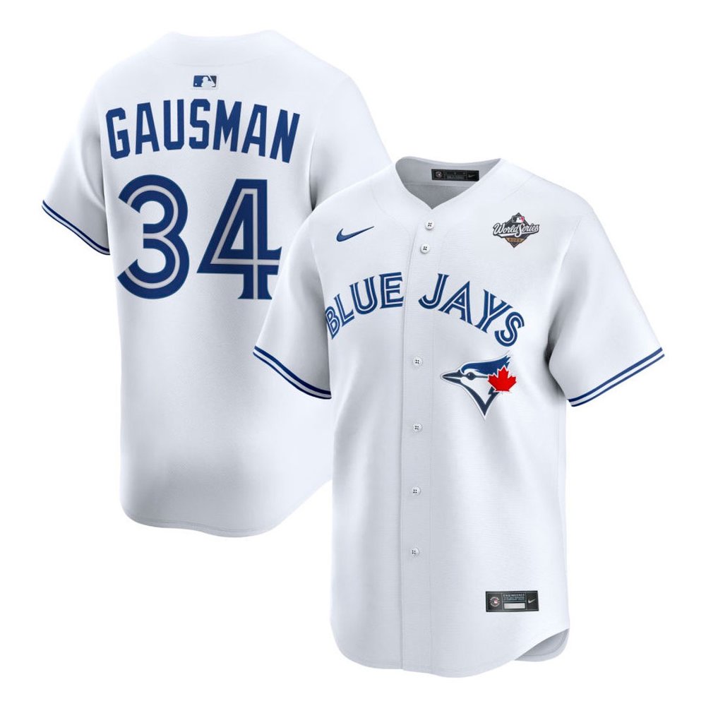 Men's Toronto Blue Jays #34 Kevin Gausman White 2025 World Series Home Replica Player Jersey Men's Toronto Blue Jays #34 Kevin Gausman White 2025 World Series Home Replica Player Jersey