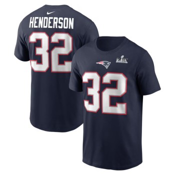 Men's New England Patriots #32 TreVeyon Henderson Navy Super Bowl LX Patch Name & Number T-Shirt