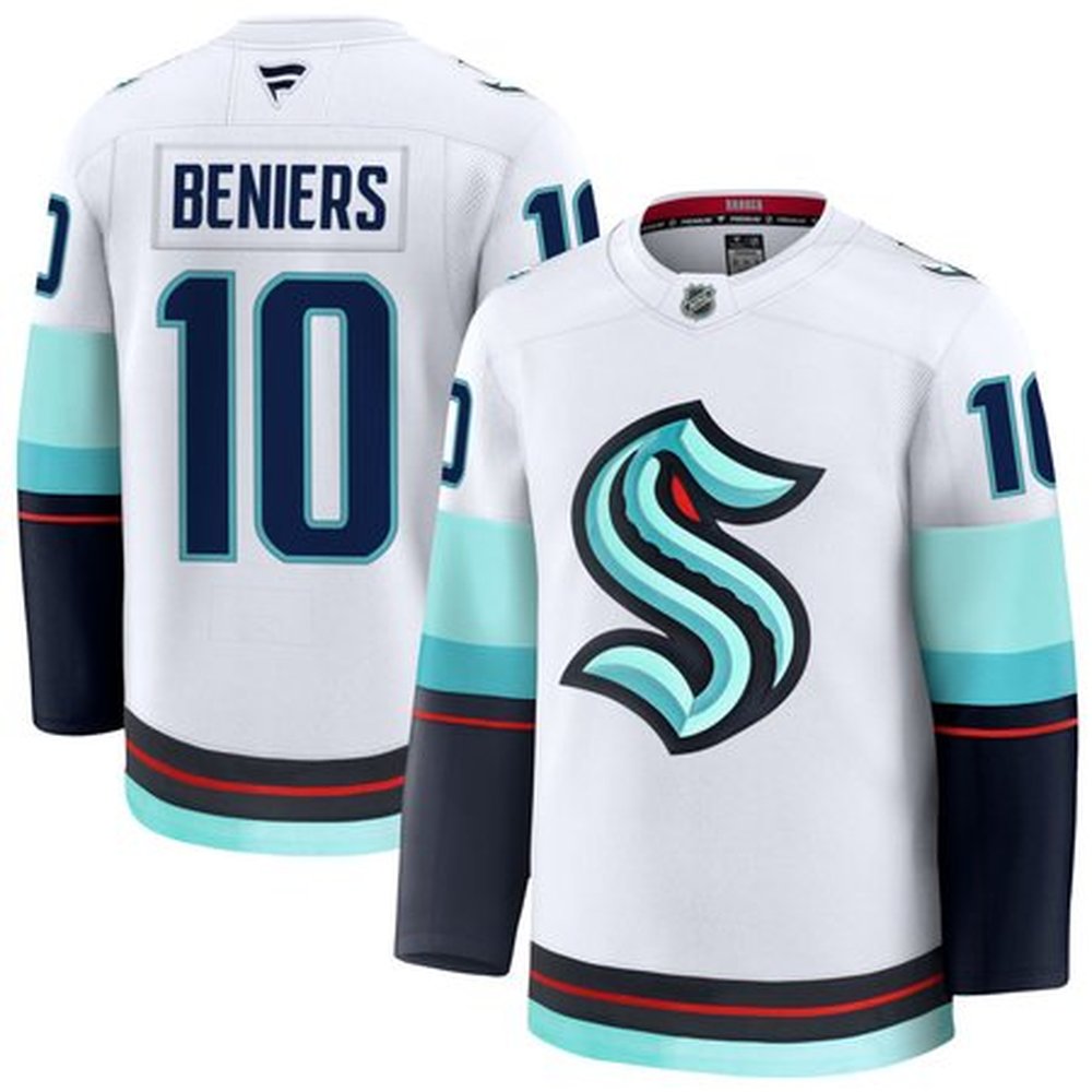 Men's Seattle Kraken #10 Matty Beniers White Away Premium Jersey Men's Seattle Kraken #10 Matty Beniers White Away Premium Jersey