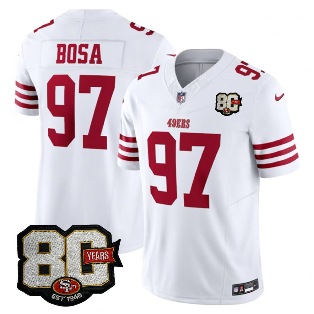Men's San Francisco 49ers #97 Nick Bosa White 80 Anniversary Vapor F.U.S.E. Limited Jersey Men's San Francisco 49ers #97 Nick Bosa White 80 Anniversary Vapor F.U.S.E. Limited Jersey