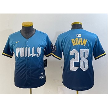 Youth Philadelphia Phillies #28 Alec Bohm Blue 2024 City Connect Limited Stitched Baseball Jersey Youth Philadelphia Phillies #28 Alec Bohm Blue 2024 City Connect Limited Stitched Baseball Jersey