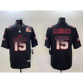 Men's Kansas City Chiefs #15 Patrick Mahomes Black 2025 Super Bowl LIX Patch Smoke Fashion Vapor Limited Stitched Football Jersey Men's Kansas City Chiefs #15 Patrick Mahomes Black 2025 Super Bowl LIX Patch Smoke Fashion Vapor Limited Stitched Football Jersey