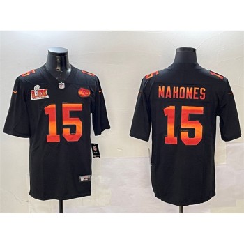 Men's Kansas City Chiefs #15 Patrick Mahomes Black 2025 Super Bowl LIX Patch Fashion Vapor Limited Stitched Football Jersey Men's Kansas City Chiefs #15 Patrick Mahomes Black 2025 Super Bowl LIX Patch Fashion Vapor Limited Stitched Football Jersey