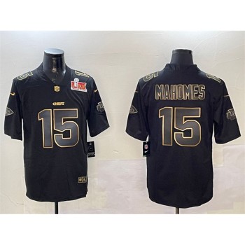 Men's Kansas City Chiefs #15 Patrick Mahomes Black/Gold 2025 Super Bowl LIX Patch Vapor Limited Stitched Football Jersey Men's Kansas City Chiefs #15 Patrick Mahomes Black/Gold 2025 Super Bowl LIX Patch Vapor Limited Stitched Football Jersey