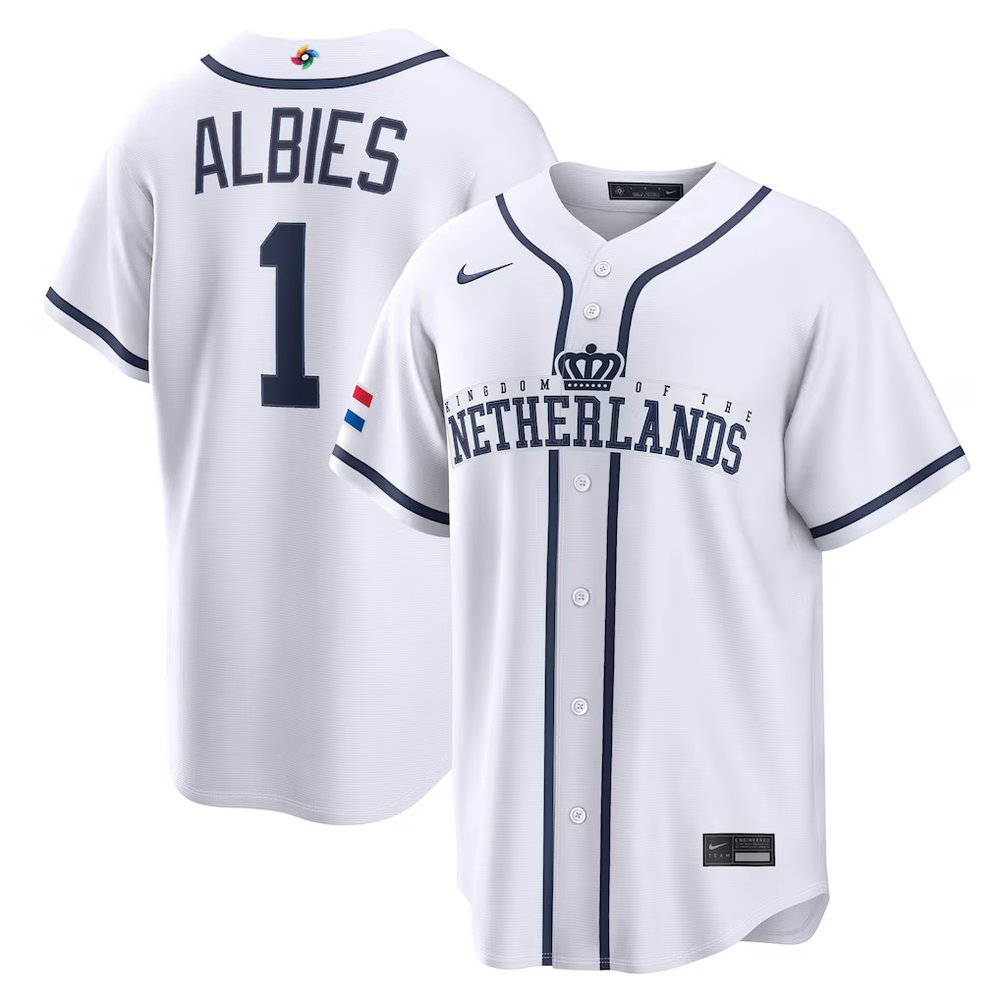 Men's Netherlands Baseball #1 Ozzie Albies White 2026 World Baseball Classic Home Stadium Jersey Men's Netherlands Baseball #1 Ozzie Albies White 2026 World Baseball Classic Home Stadium Jersey