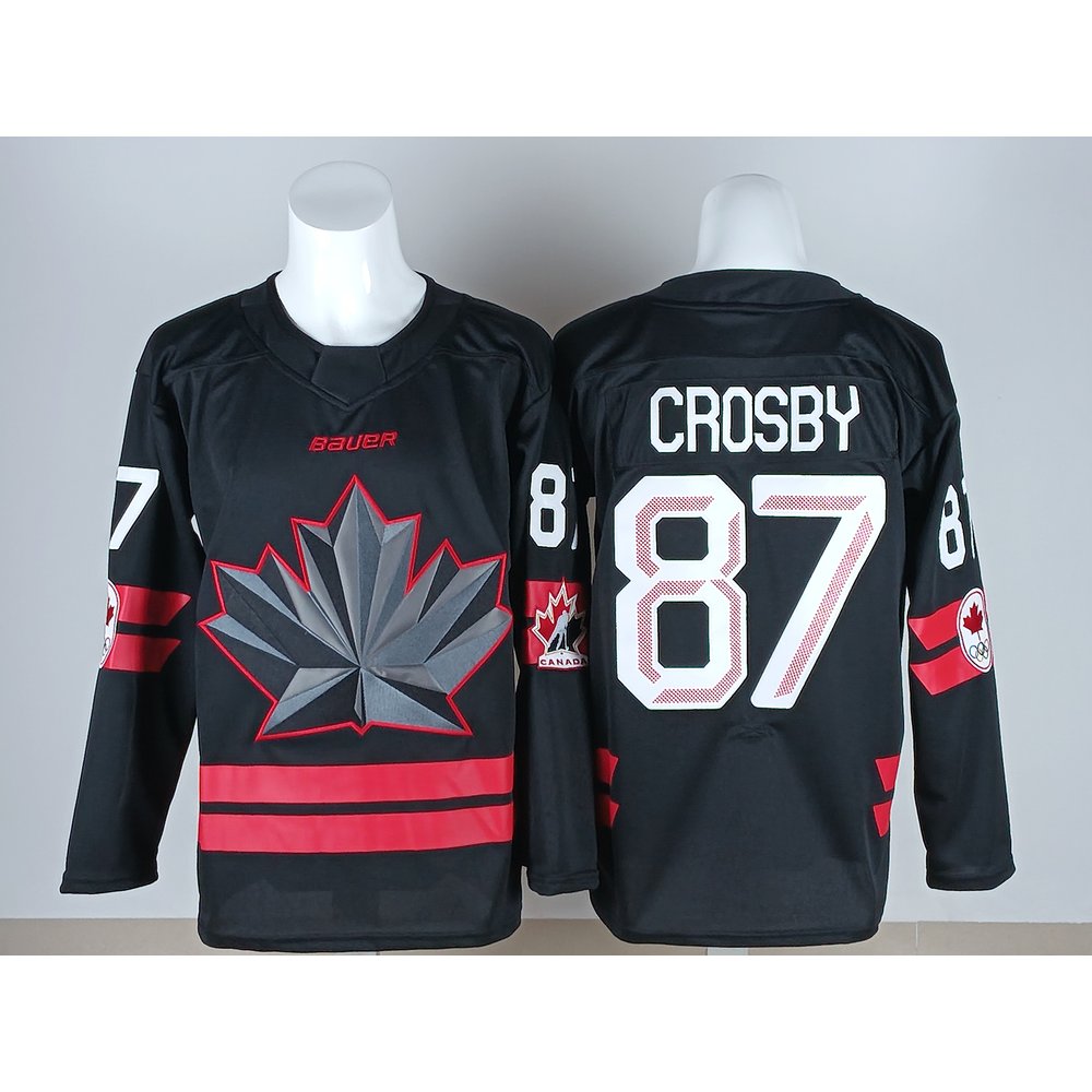 Men's Canada Hockey #87 Sidney Crosby Black 2026 Away Replica Jersey