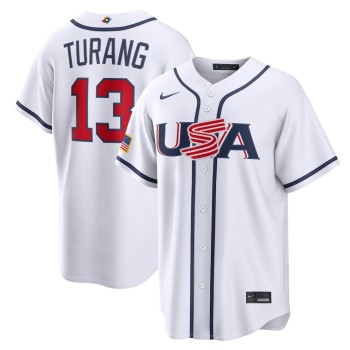 Men's USA Baseball #13 Brice Turang White 2026 World Baseball Classic Home Stadium Jersey Men's USA Baseball #13 Brice Turang White 2026 World Baseball Classic Home Stadium Jersey