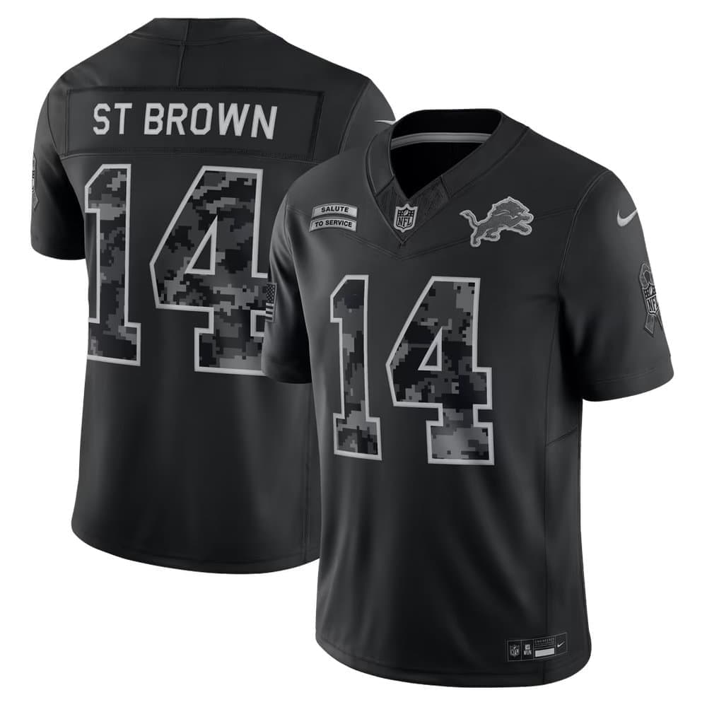 Youth Detroit Lions #14 Amon-Ra St. Brown Nike Black 2026 Salute to Service Vapor F.U.S.E. Limited Jersey Youth Detroit Lions #14 Amon-Ra St. Brown Nike Black 2026 Salute to Service Vapor F.U.S.E. Limited Jersey