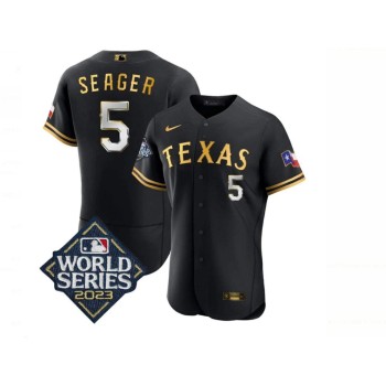 Men's Texas Rangers #5 Corey Seager Black Gold 2023 World Series Flex Base Stitched Baseball Jersey Men's Texas Rangers #5 Corey Seager Black Gold 2023 World Series Flex Base Stitched Baseball Jersey