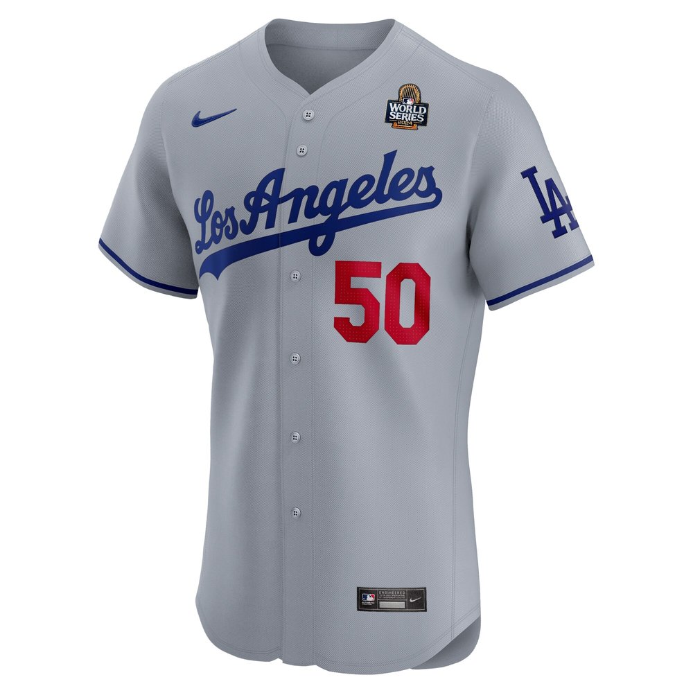 Men's Los Angeles Dodgers #50 Mookie Betts Gray 2024 World Series Road Elite Player Jersey