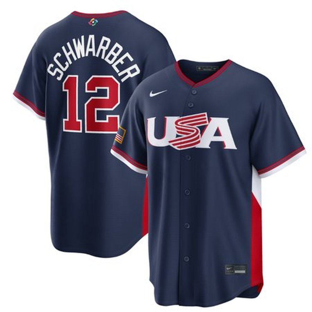 Men's USA Baseball #12 Kyle Schwarber Navy 2026 World Baseball Classic Home Stadium Jersey Men's USA Baseball #12 Kyle Schwarber Navy 2026 World Baseball Classic Home Stadium Jersey