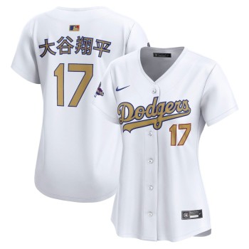 Women's Los Angeles Dodgers #18 Shohei Ohtani White 2025 Gold Collection Kanji Limited Jersey Women's Los Angeles Dodgers #18 Shohei Ohtani White 2025 Gold Collection Kanji Limited Jersey
