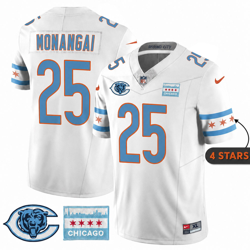 Men's Chicago Bears #25 Kyle Monangai White City Edition With Chicago Flag Vapor F.U.S.E. Untouchable Limited Jersey