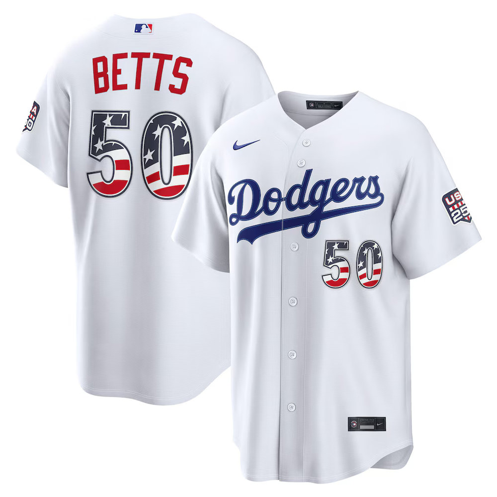 Men's Los Angeles Dodgers #50 Mookie Betts Nike White USA 250 Fourth of July Home Stadium Jersey
