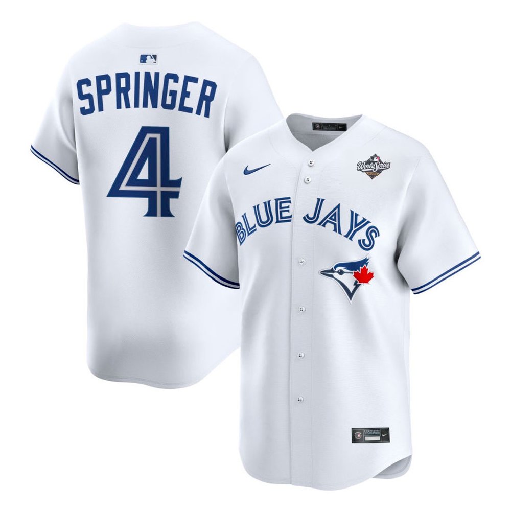 Men's Toronto Blue Jays #4 George Springer White 2025 World Series Home Replica Player Jersey Men's Toronto Blue Jays #4 George Springer White 2025 World Series Home Replica Player Jersey