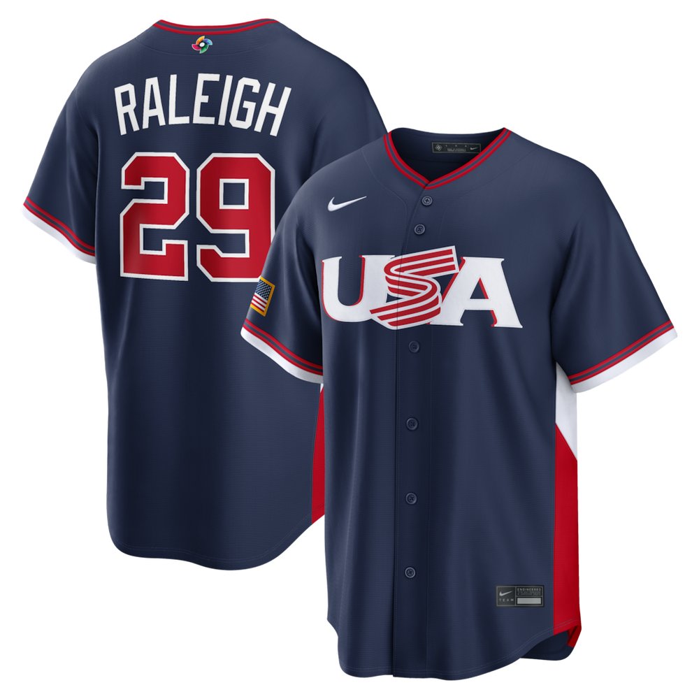 Men's USA Baseball #29 Cal Raleigh Navy 2026 World Baseball Classic Road Stadium Jersey Men's USA Baseball #29 Cal Raleigh Navy 2026 World Baseball Classic Road Stadium Jersey