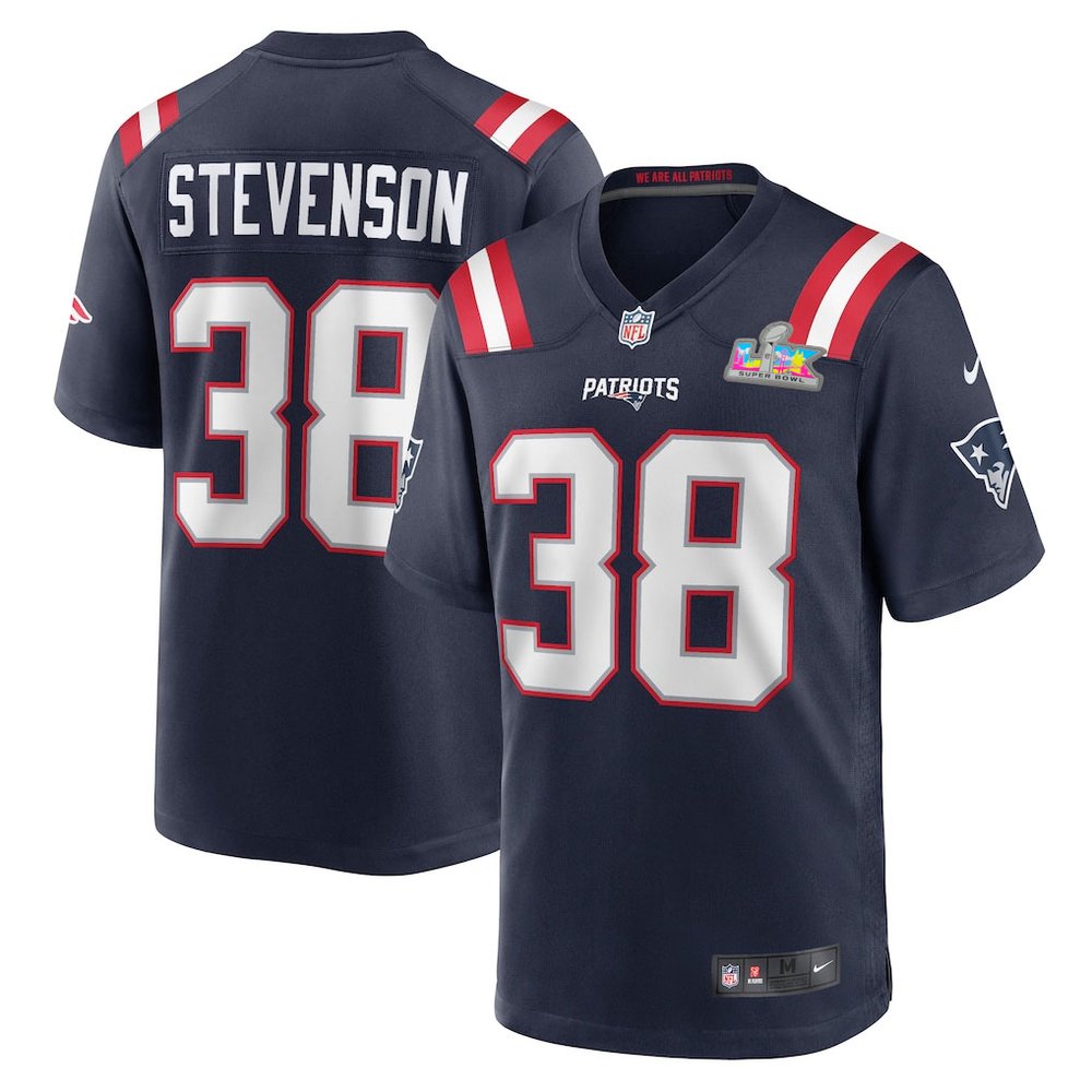 Men's New England Patriots #38 Rhamondre Stevenson Navy Super Bowl LX Patch Game Jersey