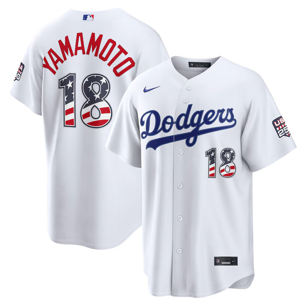 Men's Los Angeles Dodgers #18 Yoshinobu Yamamoto Nike White USA 250 Fourth of July Home Stadium Jersey Men's Los Angeles Dodgers #18 Yoshinobu Yamamoto Nike White USA 250 Fourth of July Home Stadium Jersey