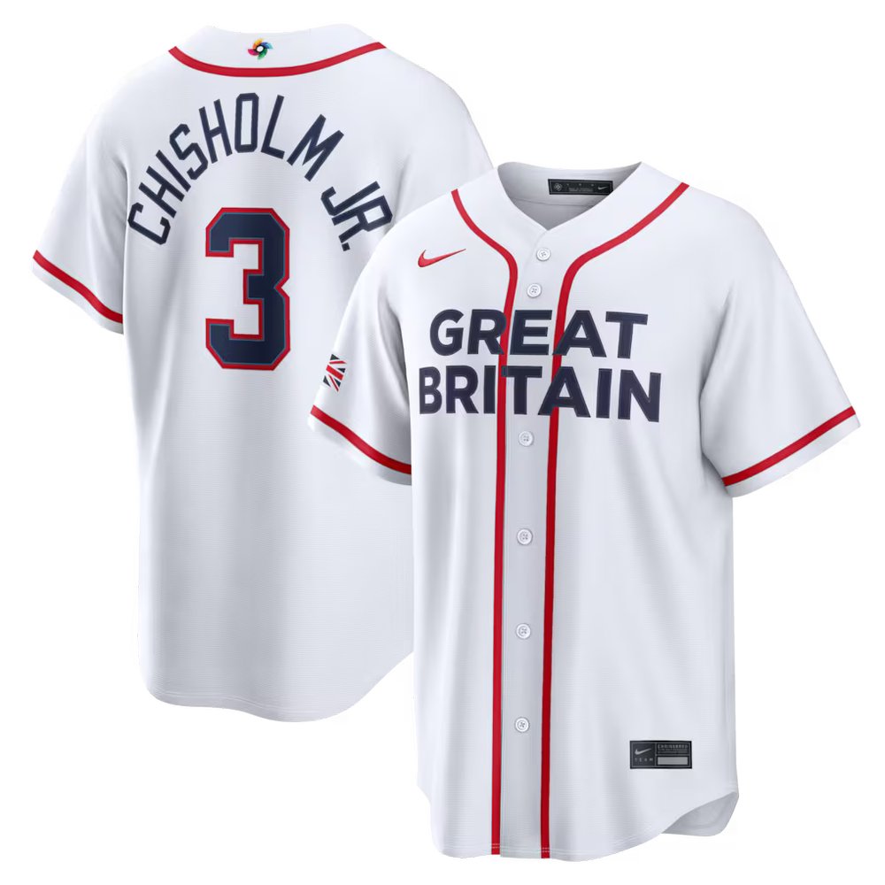 Men's Great Britain Baseball #3 Jazz Chisholm Jr. White 2026 World Baseball Classic Home Stadium Jersey Men's Great Britain Baseball #3 Jazz Chisholm Jr. White 2026 World Baseball Classic Home Stadium Jersey