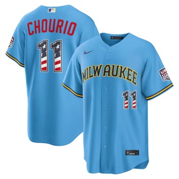 Youth Milwaukee Brewers #11 Jackson Chourio Nike Light Blue USA 250 Fourth of July Road Stadium Jersey Youth Milwaukee Brewers #11 Jackson Chourio Nike Light Blue USA 250 Fourth of July Road Stadium Jersey