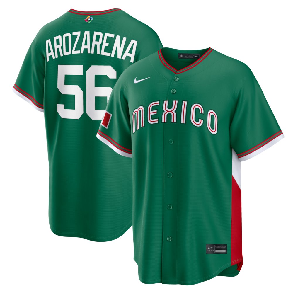 Men's Mexico Baseball #56 Randy Arozarena Green 2026 World Baseball Classic Road Stadium Jersey Men's Mexico Baseball #56 Randy Arozarena Green 2026 World Baseball Classic Road Stadium Jersey