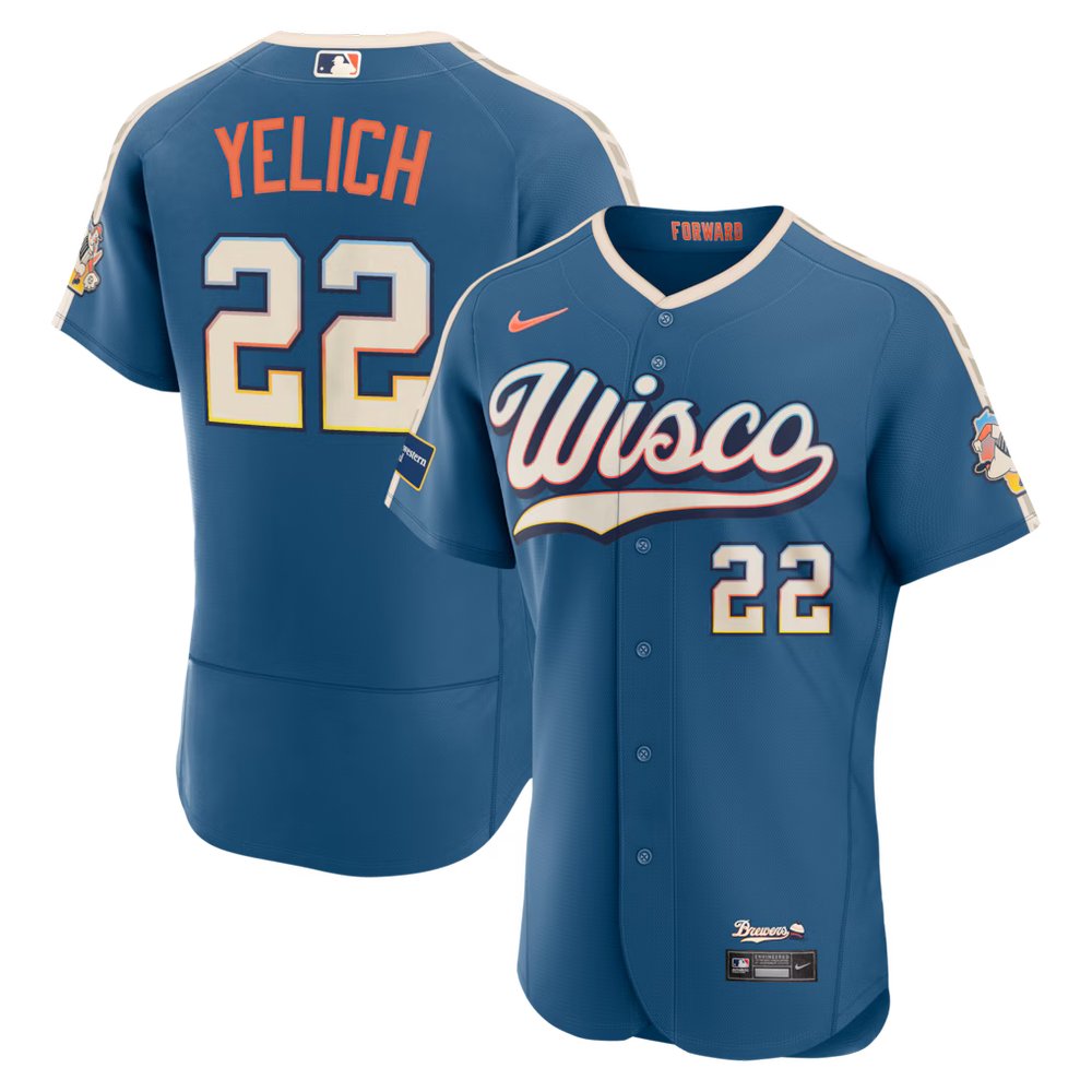 Youth Milwaukee Brewers #22 Christian Yelich Nike Mineral Blue 2026 City Connect Authentic Sponsor Patch Jersey Youth Milwaukee Brewers #22 Christian Yelich Nike Mineral Blue 2026 City Connect Authentic Sponsor Patch Jersey