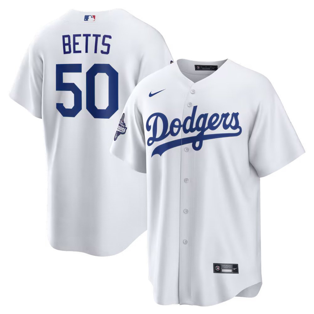 Men's Los Angeles Dodgers #50 Mookie Betts White Home 2025 World Series Champions Replica Jersey