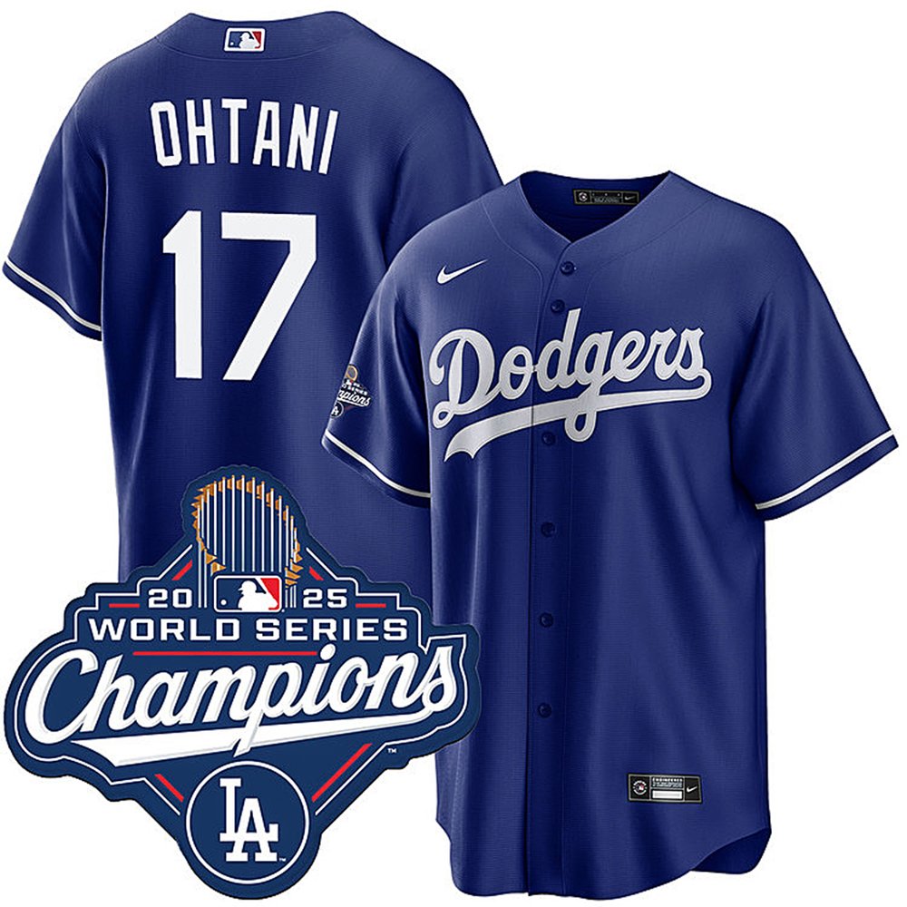 Men's Los Angeles Dodgers #17 Shohei Ohtani Royal 2025 World Series Champions Home Replica Jersey
