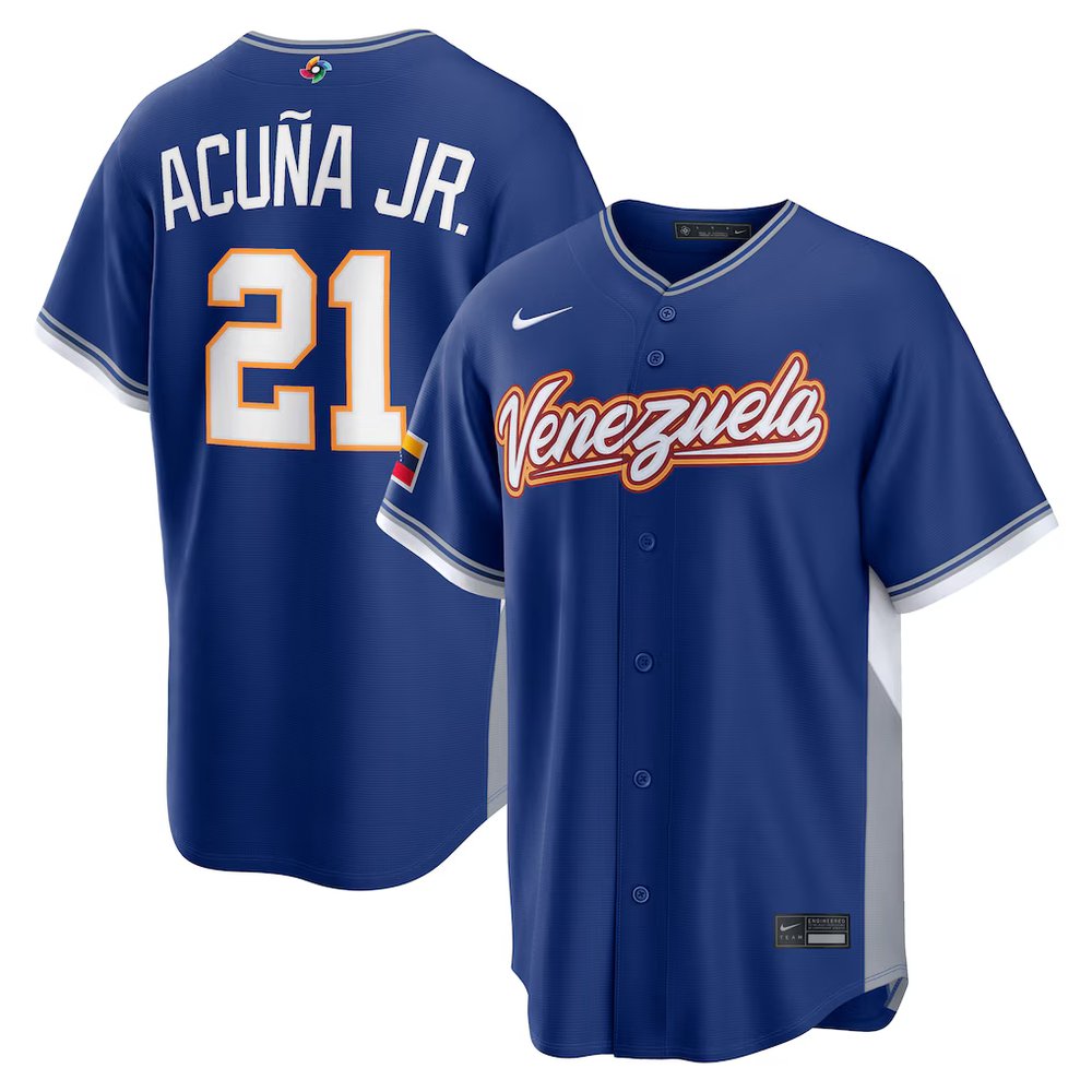 Men's Venezuela Baseball #21 Ronald Acuna Jr. Royal 2026 World Baseball Classic Road Stadium Jersey Men's Venezuela Baseball #21 Ronald Acuna Jr. Royal 2026 World Baseball Classic Road Stadium Jersey