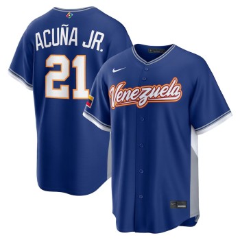 Men's Venezuela Baseball #21 Ronald Acuna Jr. Royal 2026 World Baseball Classic Road Stadium Jersey Men's Venezuela Baseball #21 Ronald Acuna Jr. Royal 2026 World Baseball Classic Road Stadium Jersey