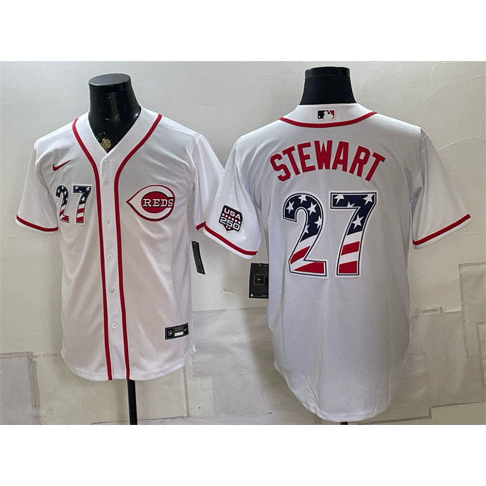 Men's Cincinnati Reds #27 Sal Stewart White 2026 USA 250 Fourth of July Home Jersey