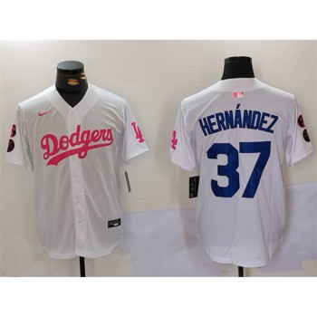 Men's Los Angeles Dodgers #37 Teoscar Hernandez White/Pink Vin & Kobe Patch Stitched Baseball Jersey Men's Los Angeles Dodgers #37 Teoscar Hernandez White/Pink Vin & Kobe Patch Stitched Baseball Jersey