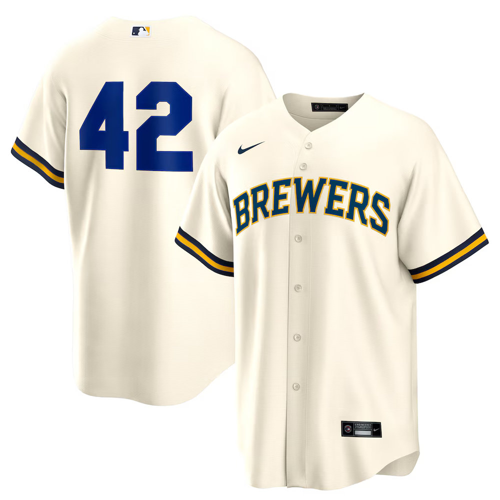 Men's Milwaukee Brewers #42 Jackie Robinson Nike Cream Home 2025 Jackie Robinson Day Replica Jersey Men's Milwaukee Brewers #42 Jackie Robinson Nike Cream Home 2025 Jackie Robinson Day Replica Jersey