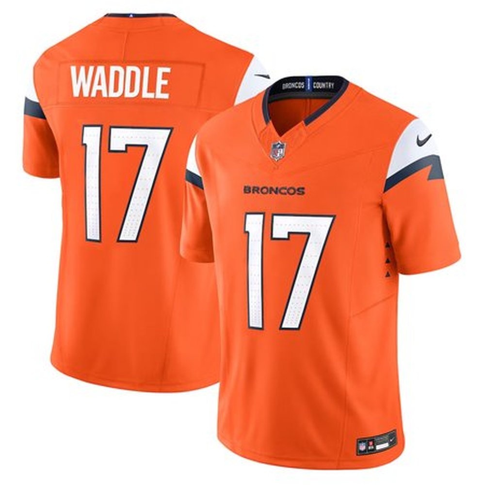 Men's Denver Broncos #17 Jaylen Waddle Orange Vapor F.U.S.E. Limited Stitched Football Jersey Men's Denver Broncos #17 Jaylen Waddle Orange Vapor F.U.S.E. Limited Stitched Football Jersey