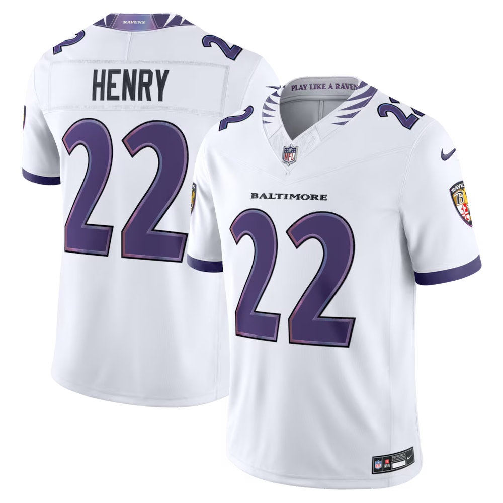 Men's Baltimore Ravens #22 Derrick Henry White Vapor F.U.S.E. Sewn Down Limited Jersey