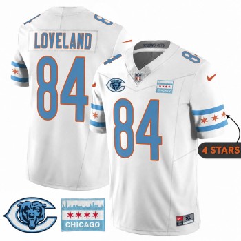 Youth Chicago Bears #84 Colston Loveland White City Edition With Chicago Flag Vapor F.U.S.E. Untouchable Limited Jersey Youth Chicago Bears #84 Colston Loveland White City Edition With Chicago Flag Vapor F.U.S.E. Untouchable Limited Jersey