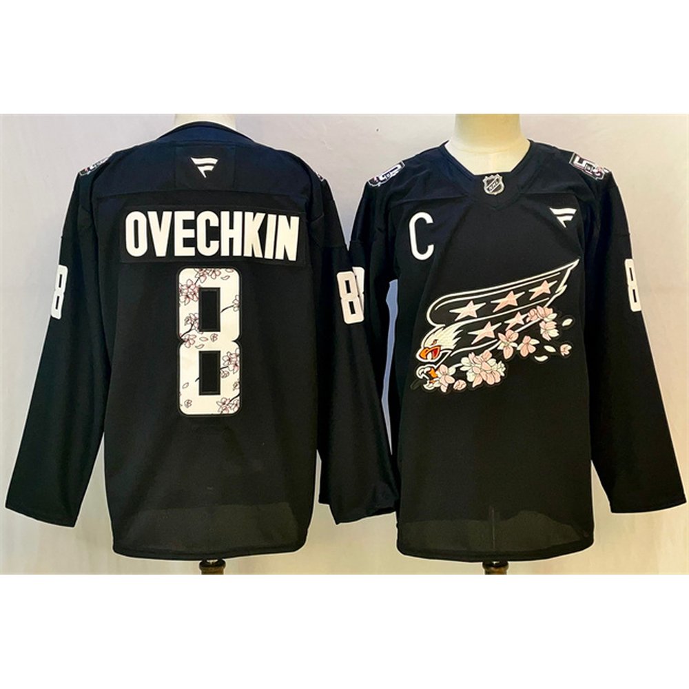 Men's Washington Capitals #8 Alex Ovechkin Black Cherry Blossom With C Patch Stitched Hockey Premium Jersey