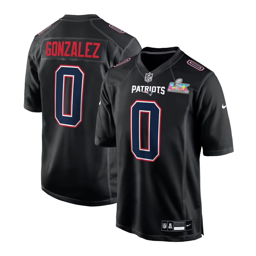 Men's New England Patriots #0 Christian Gonzalez Black Super Bowl LX Patch Carbon Fashion Game Jersey