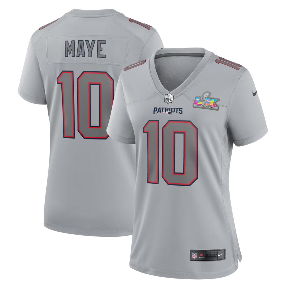 Women's New England Patriots #10 Drake Maye Silver Super Bowl LX Patch Atmosphere Fashion Game Jersey