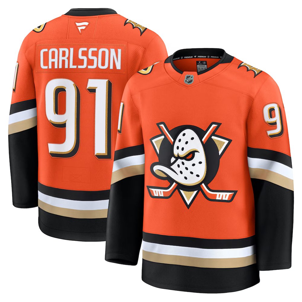 Men's Anaheim Ducks #91 Leo Carlsson Orange Home Premium Jersey Men's Anaheim Ducks #91 Leo Carlsson Orange Home Premium Jersey