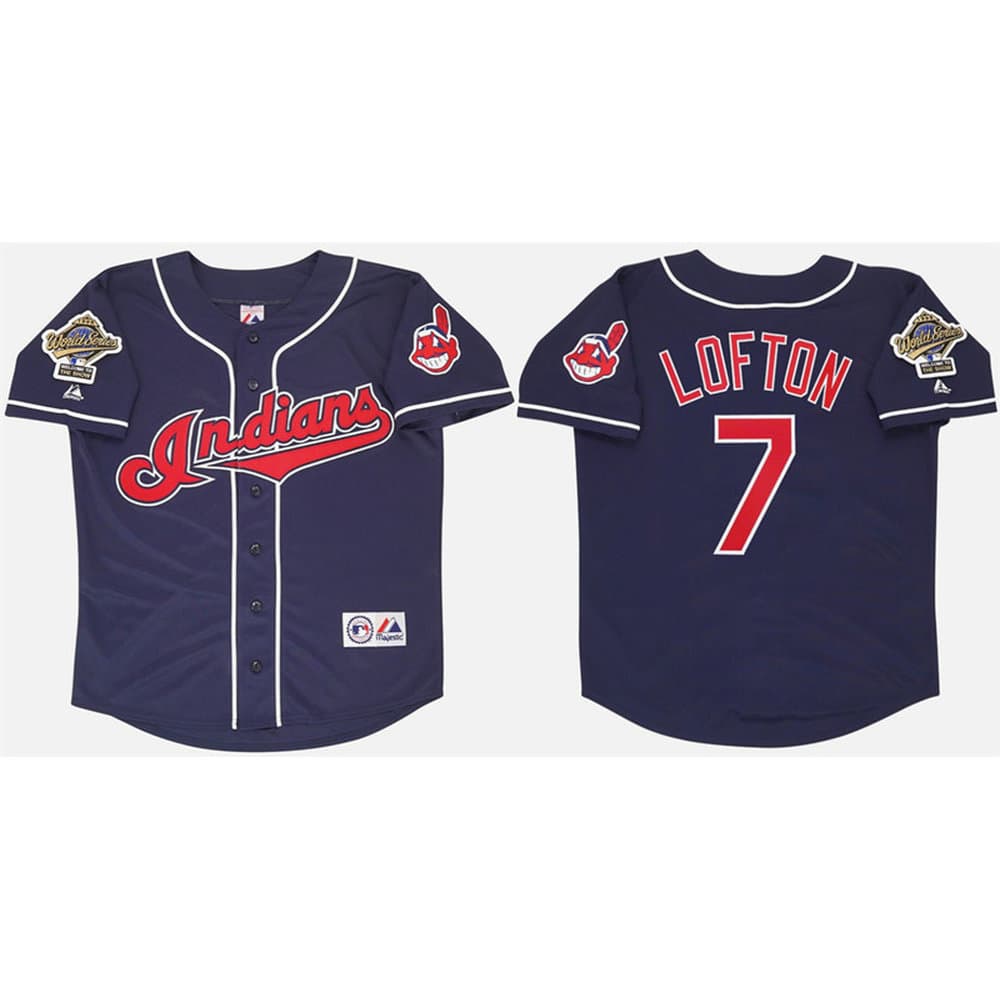 Men's Cleveland Guardians #7 Kenny Lofton Navy 1995 World Series Stitched Baseball Jersey Men's Cleveland Guardians #7 Kenny Lofton Navy 1995 World Series Stitched Baseball Jersey