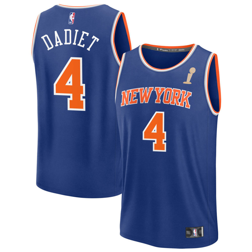 Men's New York Knicks #4 Pacome Dadiet Blue 2026 NBA Finals Champions Fast Break Icon Edition Jersey Men's New York Knicks #4 Pacome Dadiet Blue 2026 NBA Finals Champions Fast Break Icon Edition Jersey