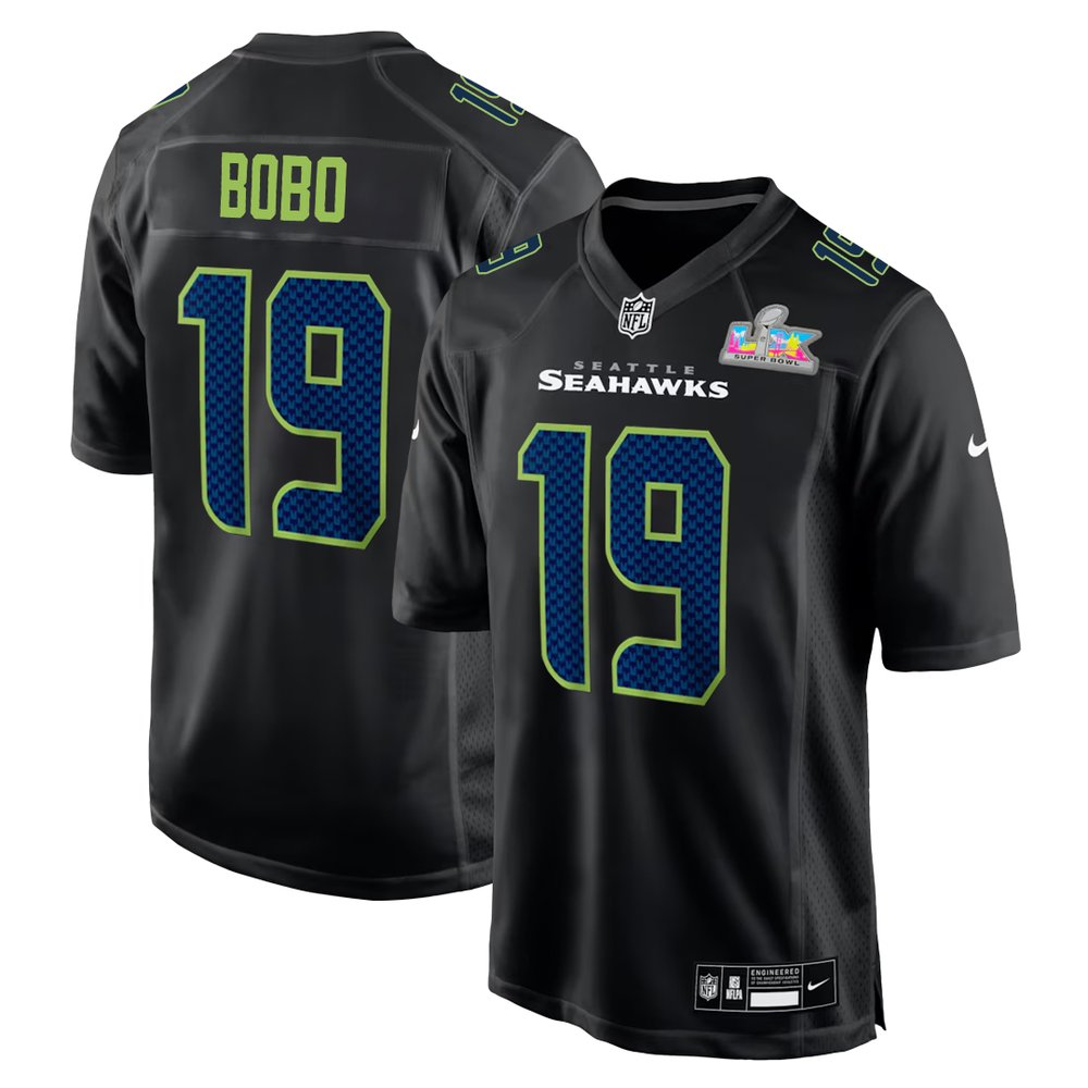 Men's Seattle Seahawks #19 Jake Bobo Black Super Bowl LX Patch Carbon Fashion Game Jersey