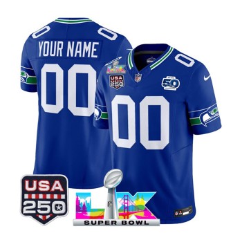 Youth Seattle Seahawks Custom Royal Super Bowl LX Patch 50th Season & USA 250' Patch Vapor F.U.S.E. Limited Jersey