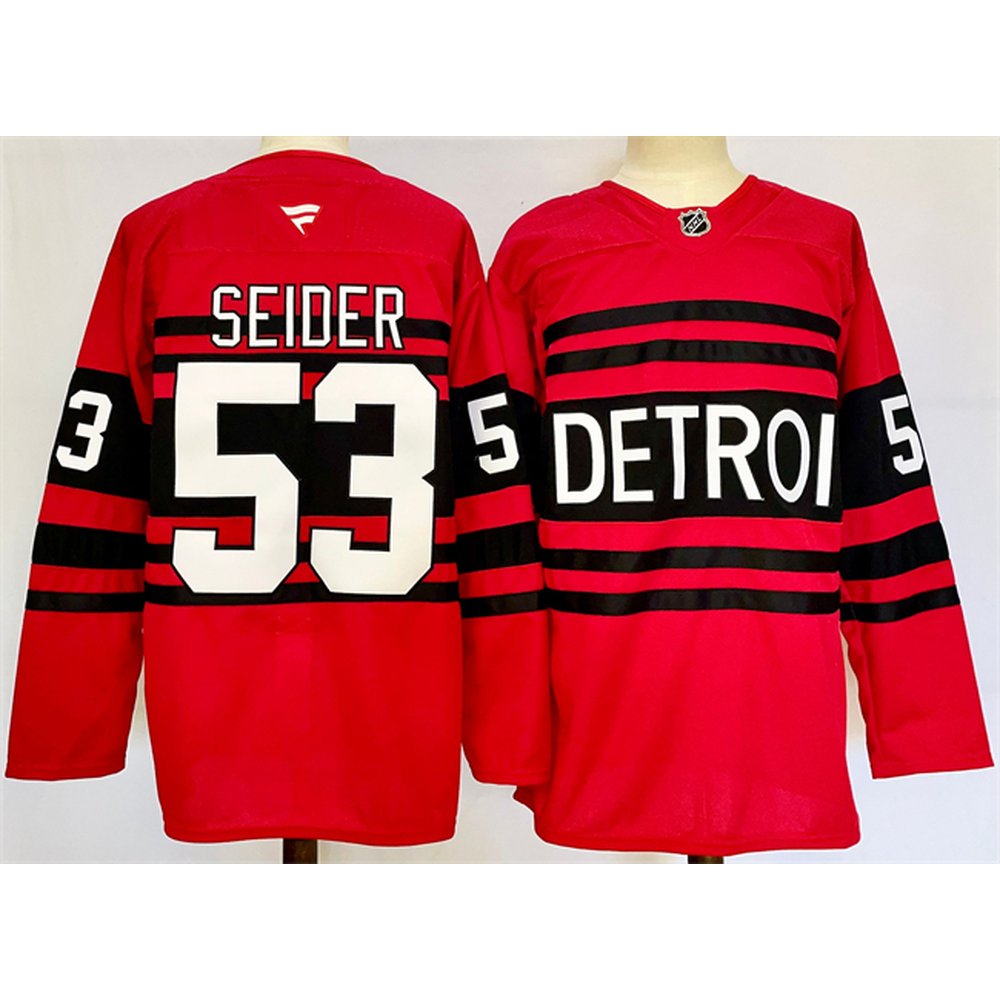 Men's Detroit Red Wings #53 Moritz Seider Red 2024-25 Reverse Retro Stitched Premium Jersey Men's Detroit Red Wings #53 Moritz Seider Red 2024-25 Reverse Retro Stitched Premium Jersey