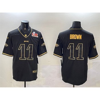 Men's Philadelphia Eagles #11 A. J. Brown Black/Gold 2025 Super Bowl LIX Patch Salute To Service Vapor Untouchable Limited Stitched Football Jersey Men's Philadelphia Eagles #11 A. J. Brown Black/Gold 2025 Super Bowl LIX Patch Salute To Service Vapor Untouchable Limited Stitched Football Jersey