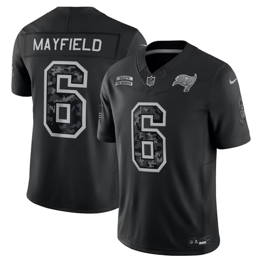 Men's Tampa Bay Buccaneers #6 Baker Mayfield Nike Black 2026 Salute to Service Vapor F.U.S.E. Limited Jersey Men's Tampa Bay Buccaneers #6 Baker Mayfield Nike Black 2026 Salute to Service Vapor F.U.S.E. Limited Jersey