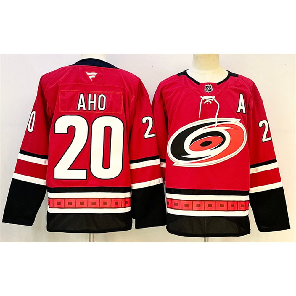 Men's Carolina Hurricanes #20 Sebastian Aho Red 2024-25 With A Patch Home Stitched Hockey Premium Jersey