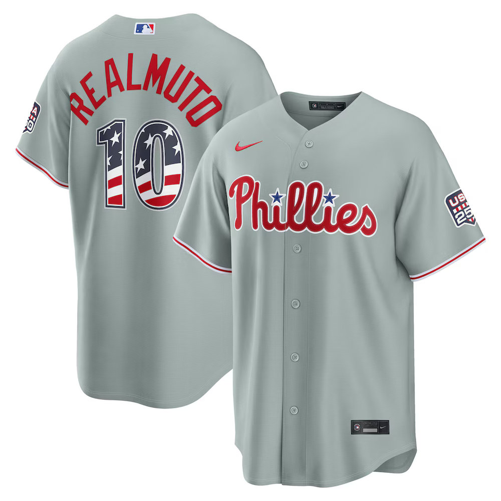 Men's Philadelphia Phillies #10 J.T. Realmuto Nike Gray USA 250 Fourth of July Road Stadium Jersey